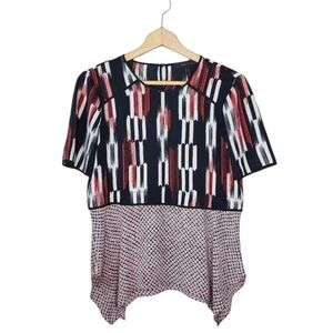 BCBGMaxAzria | Kacy Red Black Print Block Geometric Mixed Print Layered Blouse